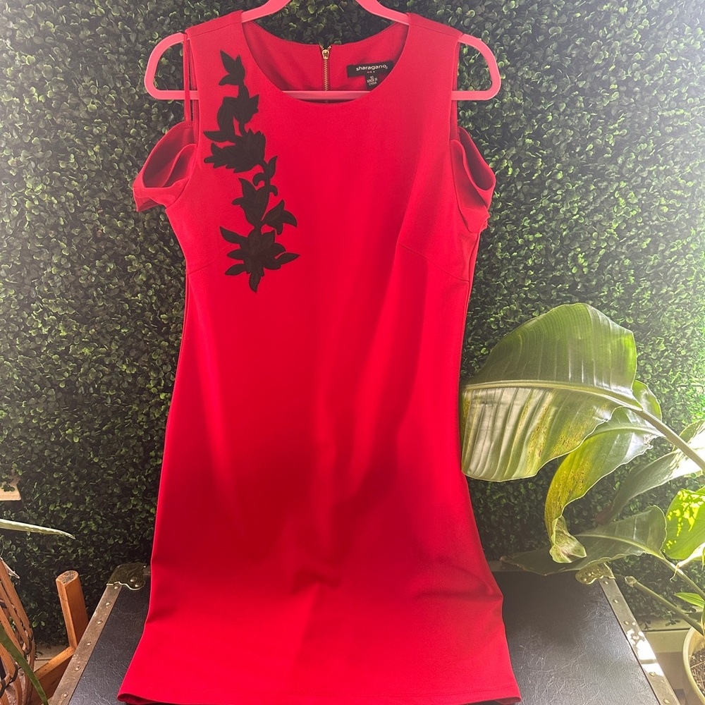 Sharagano Red Cold Shoulder Dress with Black Embroidery Detail